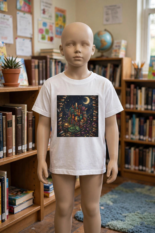 Book Castle at Night kids heavy cotton tee in white with a castle of books print, worn by a child mannequin in a library