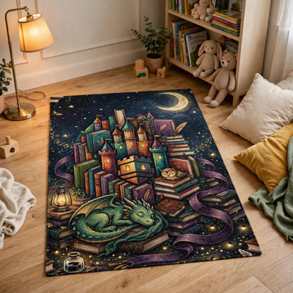 Book Castle at Night rug laid flat in a children's reading corner with bookshelf and floor cushions