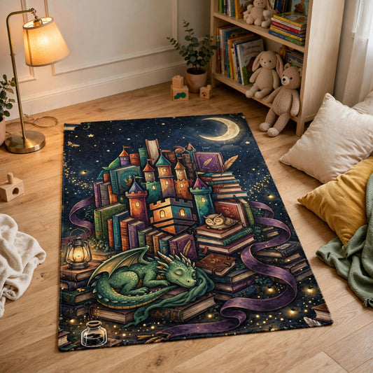 Book Castle at Night rug laid flat in a children's reading corner with bookshelf and floor cushions