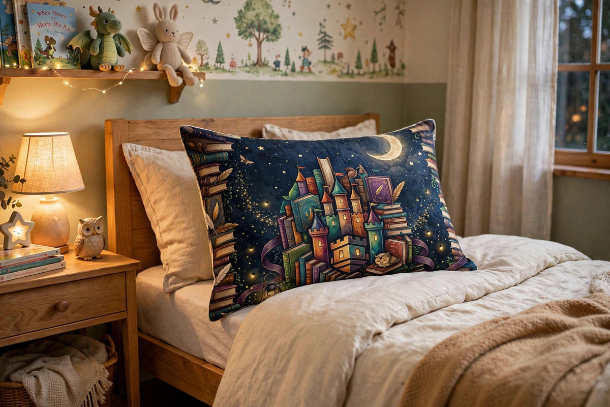 Book Castle at Night pillow sham with book castle artwork propped on a child's bed, close view