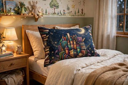 Book Castle at Night pillow sham with book castle artwork propped on a child's bed, close view