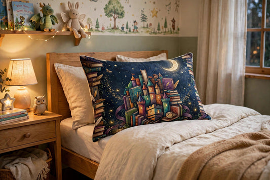 Book Castle at Night pillow sham with book castle artwork propped on a child's bed, close view