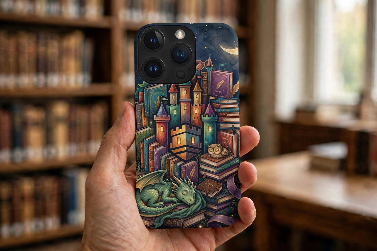 Book Castle at Night premium snap phone case on a phone held in a hand in a library, showing the book castle and sleeping dragon design on the case back