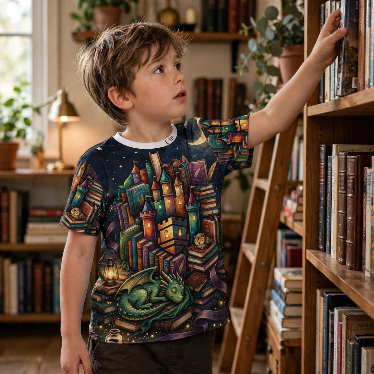 Child wearing the Book Castle at Night all-over print tee reaching for a book in a home library