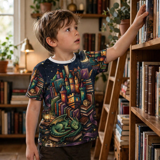 Child wearing the Book Castle at Night all-over print tee reaching for a book in a home library