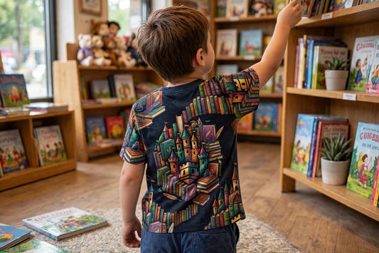Back view of a young boy wearing the Book Castle all-over print tee, reaching for a book on a shelf in a cozy bookstore