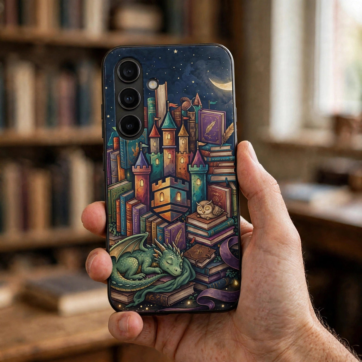 Book Castle at Night premium tough phone case on a phone held in a hand in a library, showing the book castle and sleeping dragon design on the case back