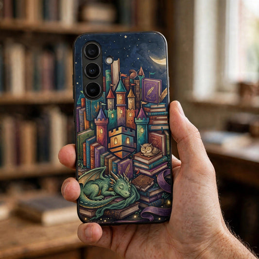 Book Castle at Night premium tough phone case on a phone held in a hand in a library, showing the book castle and sleeping dragon design on the case back
