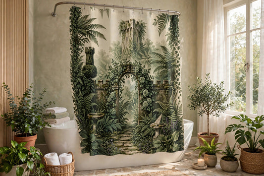 The Vintage Botanical Garden shower curtain with its ivy archway hanging over a freestanding tub among potted plants