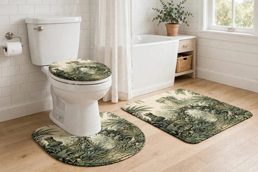 Close view of the Vintage Botanical Garden toilet lid cover, contour mat and bath mat in a bright tiled bathroom
