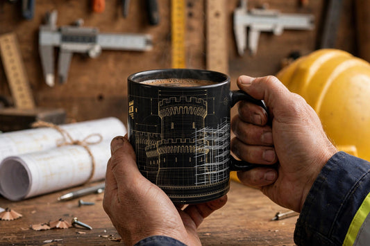 Builder's Mug — Fortress Blueprint — modeled photo, held in hand