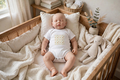 Castle Companions infant bodysuit in white with a storybook castle and animal print, worn in a nursery crib