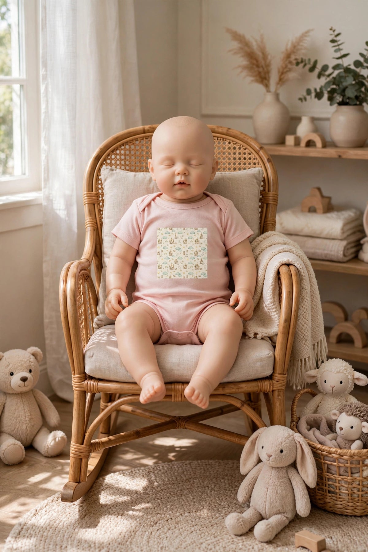 Castle Companions infant bodysuit in pink with a storybook castle and animal print, worn in a nursery rocking chair