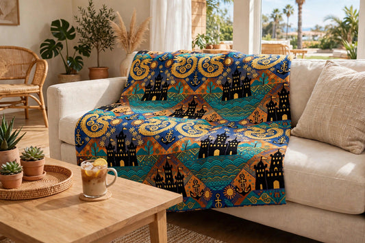 The Castle Pattern throw blanket with a smooth printed finish draped over a sofa in a sunny coastal living room