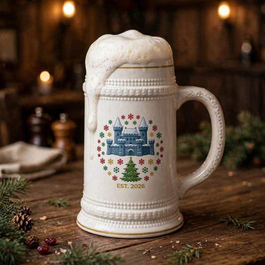 Christmas Castle beer stein filled with foaming beer on a tavern table with pine greenery, blue castle, Christmas tree and EST. 2026