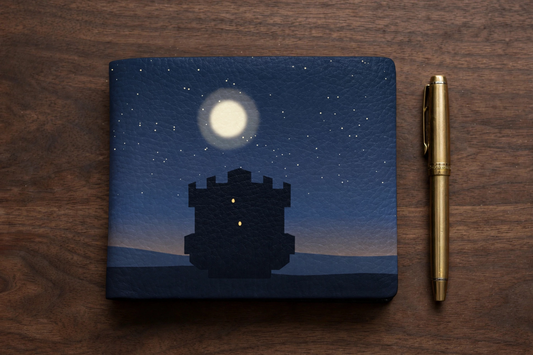 Citadel bifold wallet closed on a wooden desk beside a brass pen, showing the fortress tower under a full moon in a starry night sky.