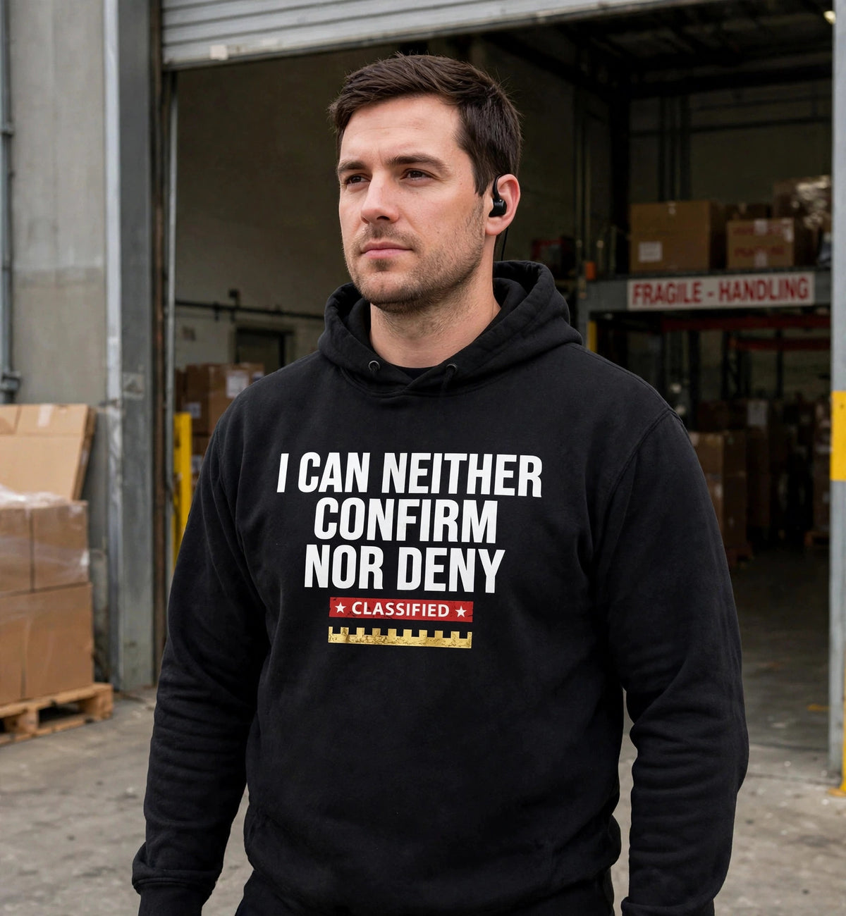 Man modeling the black Confirm Nor Deny hoodie at a warehouse loading dock, white print I CAN NEITHER CONFIRM NOR DENY with red CLASSIFIED strip and gold battlement fully visible
