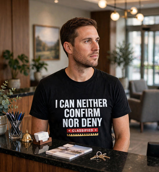 Man wearing the black I Can Neither Confirm Nor Deny t-shirt at a hotel reception desk