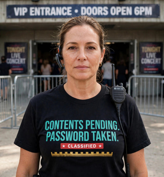 Woman modeling the black Contents Pending t-shirt at a VIP entrance, teal text CONTENTS PENDING. PASSWORD TAKEN. fully visible