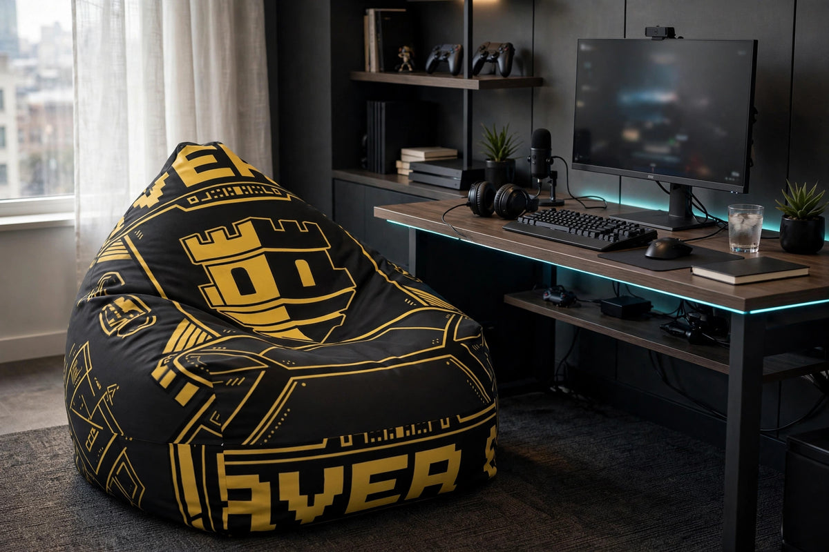 Controller Chair bean bag chair filled and set up in a gaming room