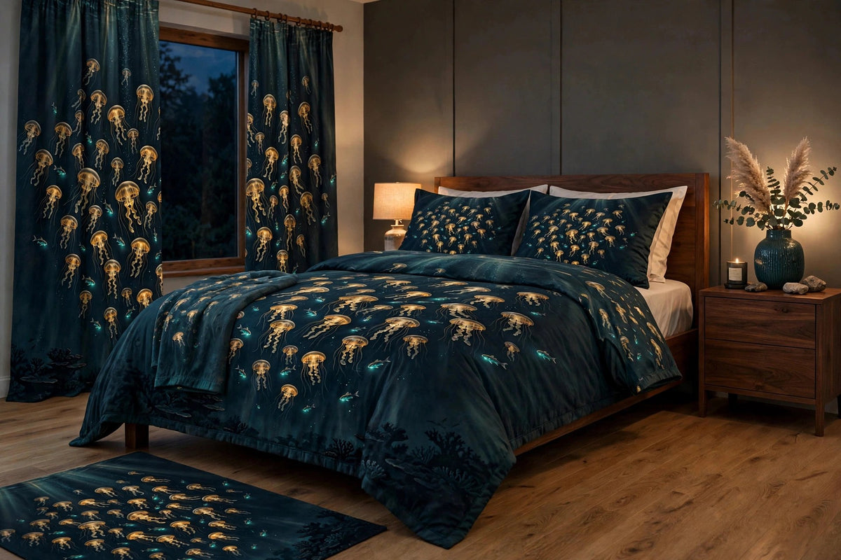 The Deep Lanterns complete bedroom set in a bedroom seen from a closer angle, with the printed duvet, pillow shams, curtains and rug