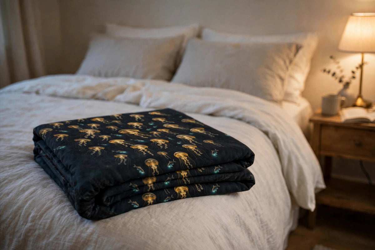 Deep Lanterns blanket with golden jellyfish artwork folded at the foot of a bed
