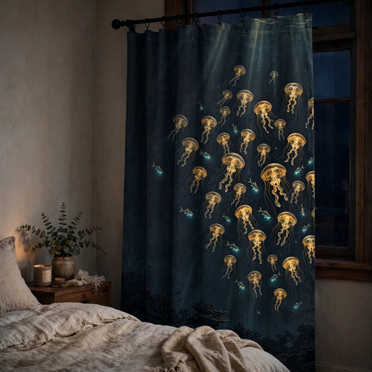 Deep Lanterns curtains with glowing golden jellyfish hanging at a bedroom window