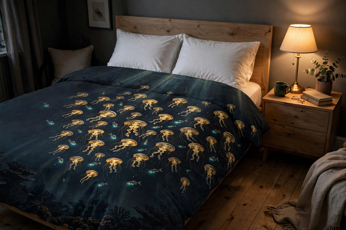 Deep Lanterns duvet cover with glowing golden jellyfish on a made bed in a dim bedroom