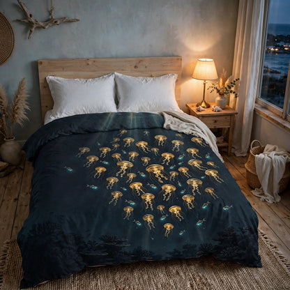 Deep Lanterns duvet cover with golden jellyfish on a made bed