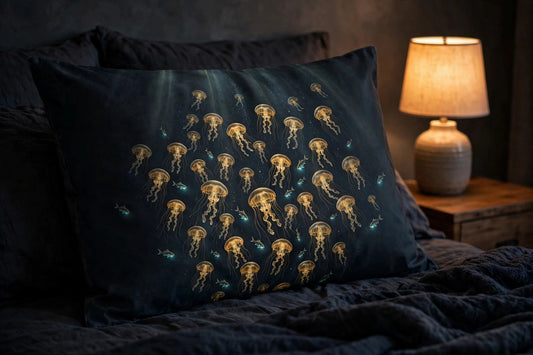 Deep Lanterns pillow sham with glowing golden jellyfish propped on a made bed beside a lamp