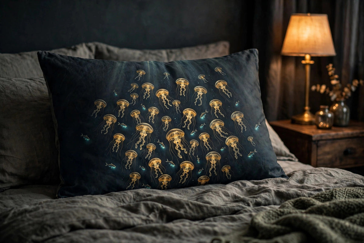 Deep Lanterns pillow sham with golden jellyfish on a bed