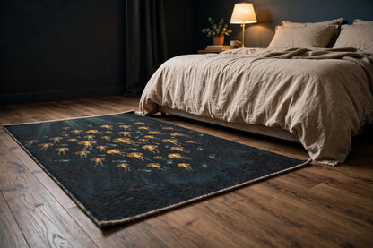 Deep Lanterns flat-printed rug with golden jellyfish artwork beside a bed, low angle