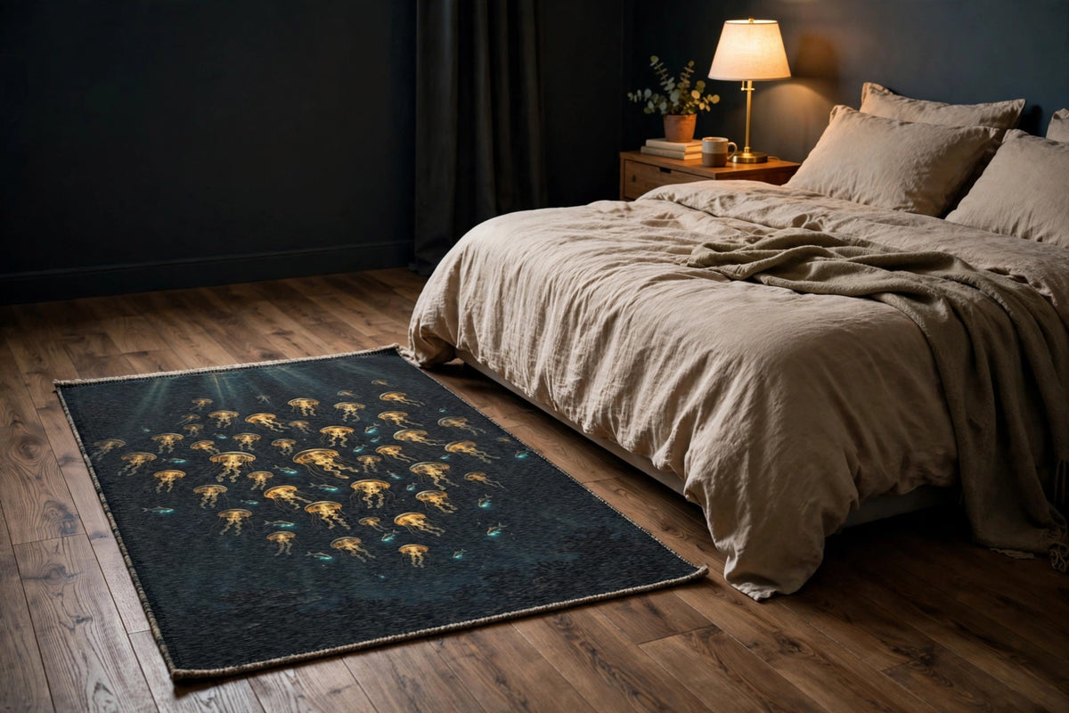 Deep Lanterns rug with golden jellyfish on a bedroom floor