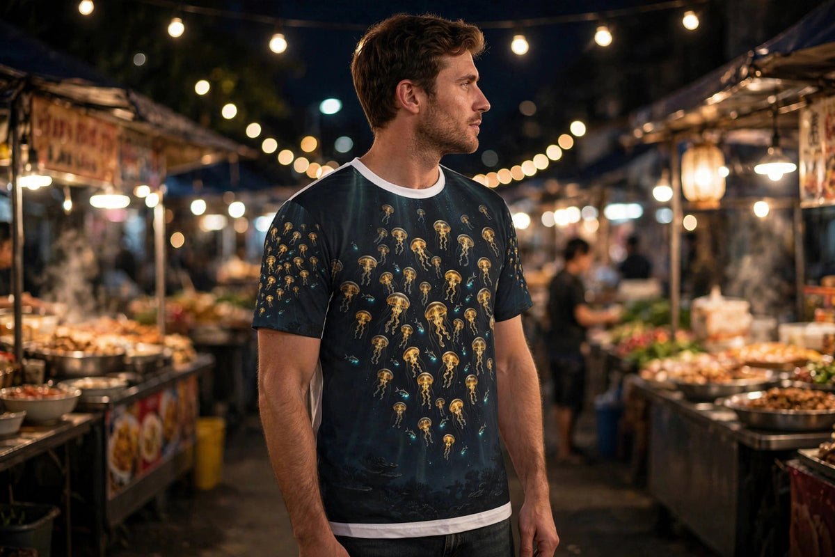 Man in an evening night market wearing the Deep Lanterns all-over print tee with golden jellyfish artwork, three-quarter view, nothing over the shirt