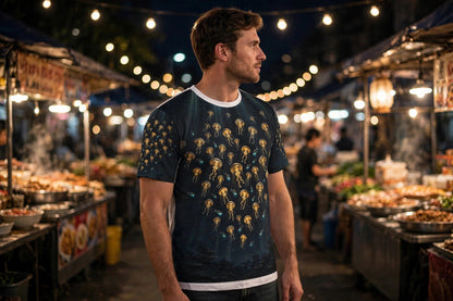 Man in an evening night market wearing the Deep Lanterns all-over print tee with golden jellyfish artwork, three-quarter view, nothing over the shirt