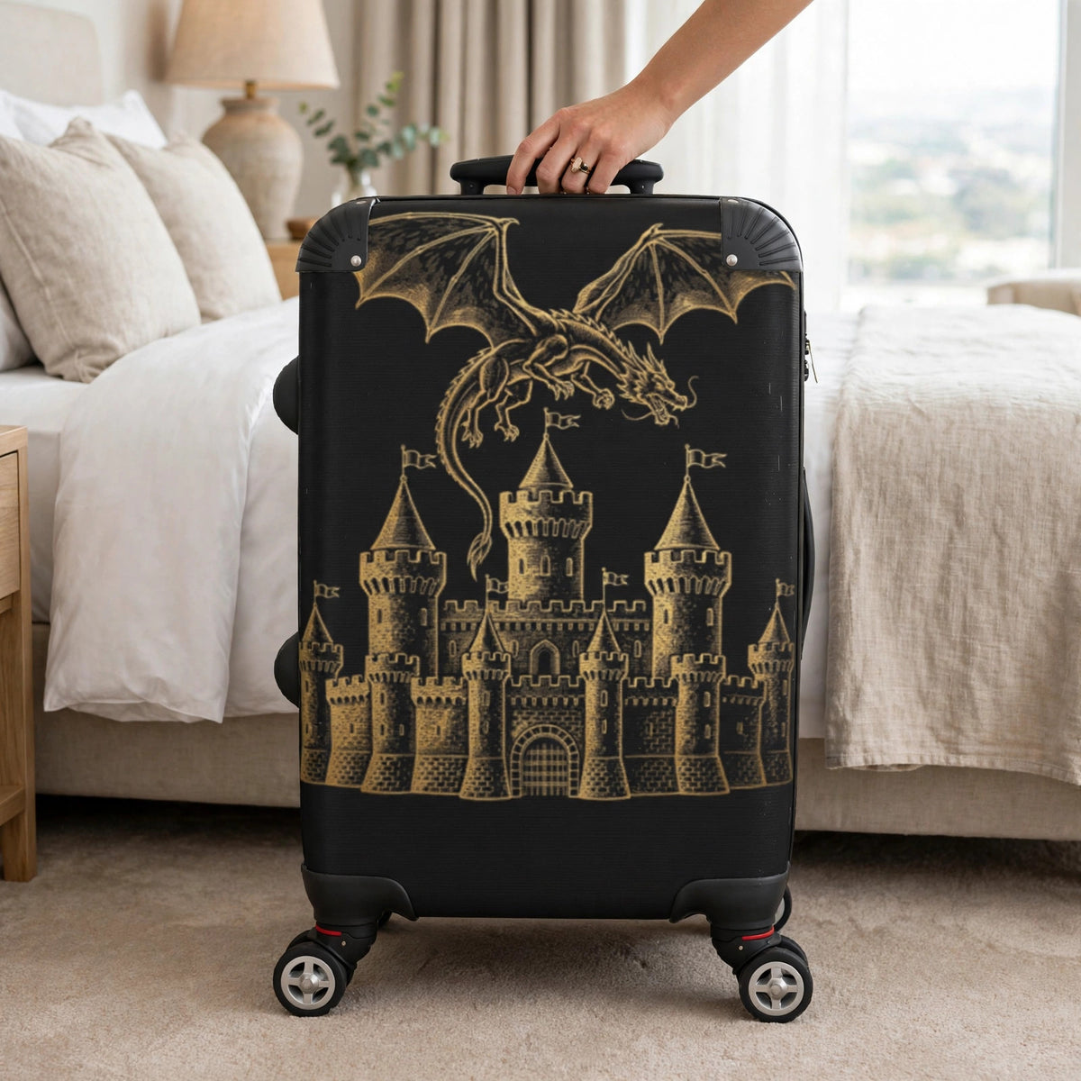 Deployment Suitcase — Dragon Castle Spinner — lifestyle photo