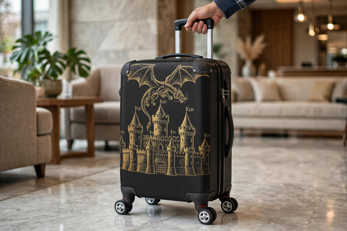 Black dragon castle spinner suitcase with a hand on its handle in a hotel lobby