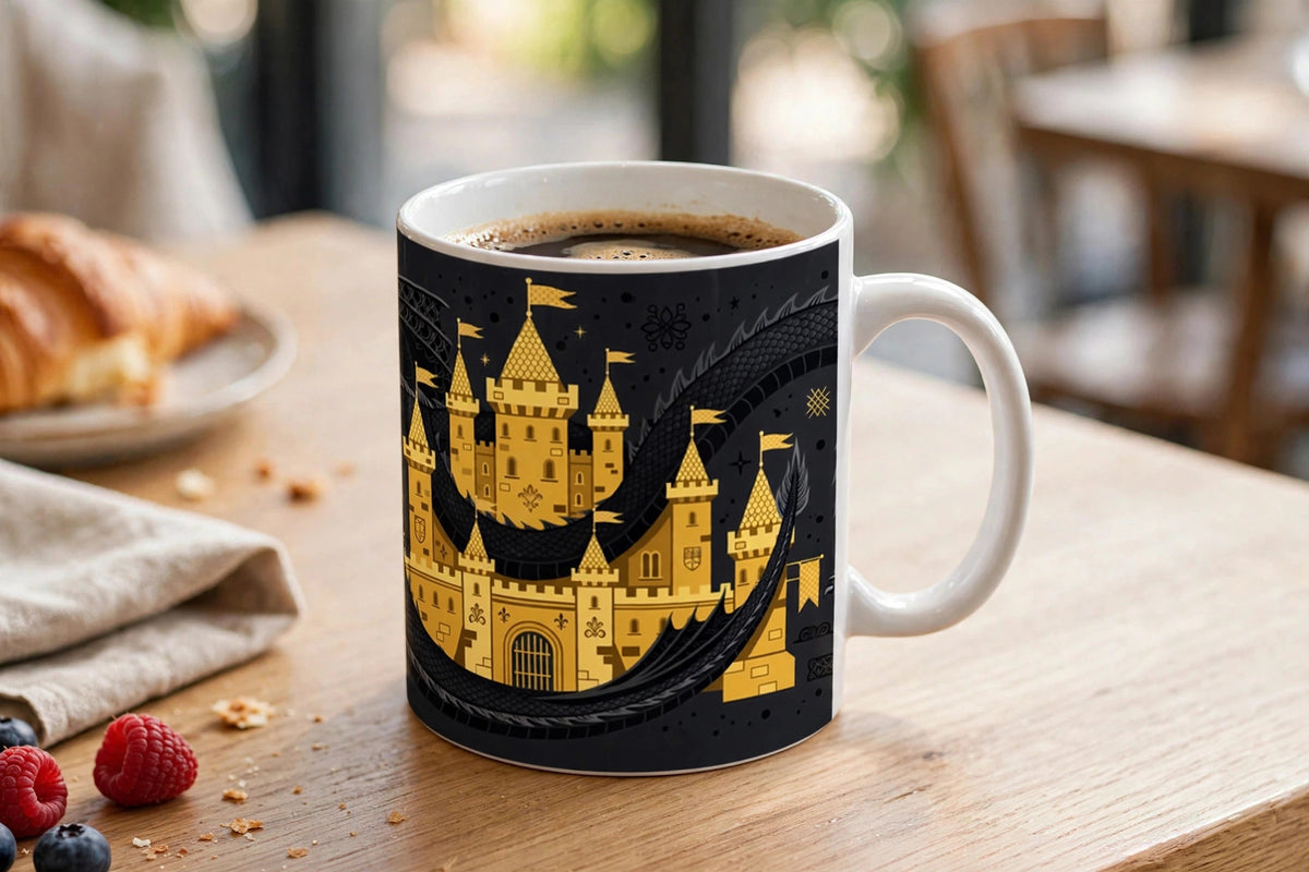 Dragon Coffee Break mug filled with coffee on a cafe table, gold castle with a black dragon winding around it
