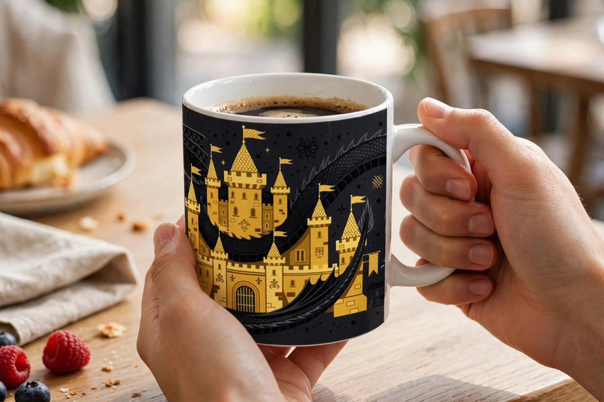 Dragon Coffee Break Mug — modeled photo, held in hand
