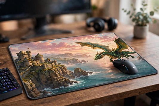 Dragon Guardian desk mat on a wooden desk seen from a closer angle, with a computer mouse on the mat printed with a dragon flying over a coastal castle at sunset