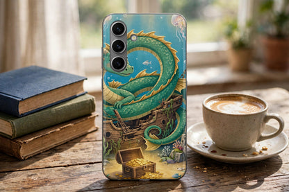 Dragon Guardian premium tough phone case on a wooden table by a window
