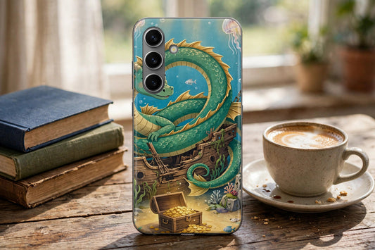 Dragon Guardian premium tough phone case on a wooden table by a window