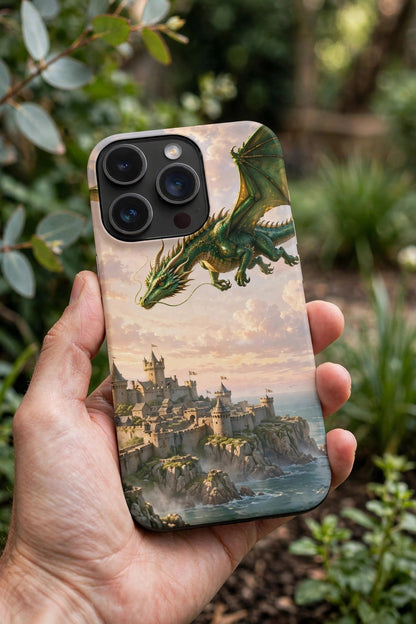 Dragon Guardian premium snap phone case on a phone held in a hand in a garden, showing the green dragon flying over a coastal castle on the case back