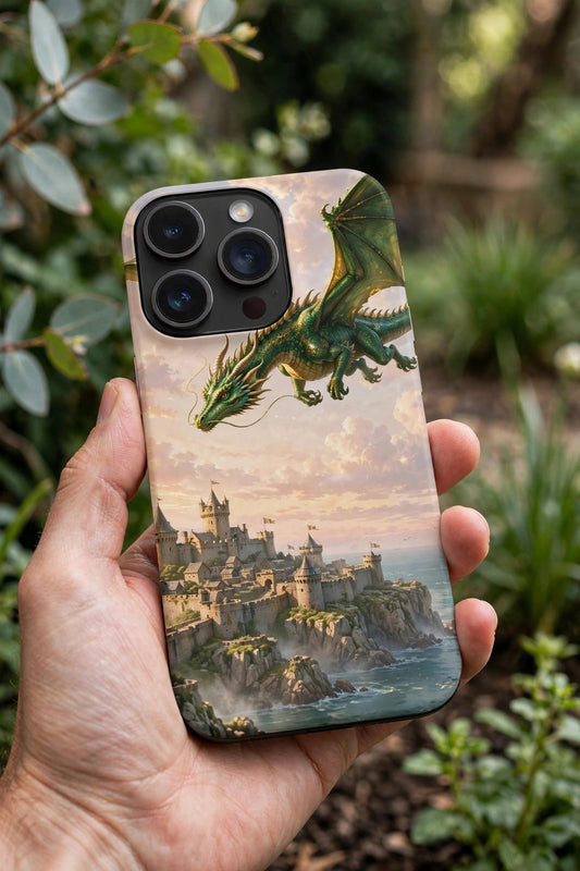 Dragon Guardian premium snap phone case on a phone held in a hand in a garden, showing the green dragon flying over a coastal castle on the case back