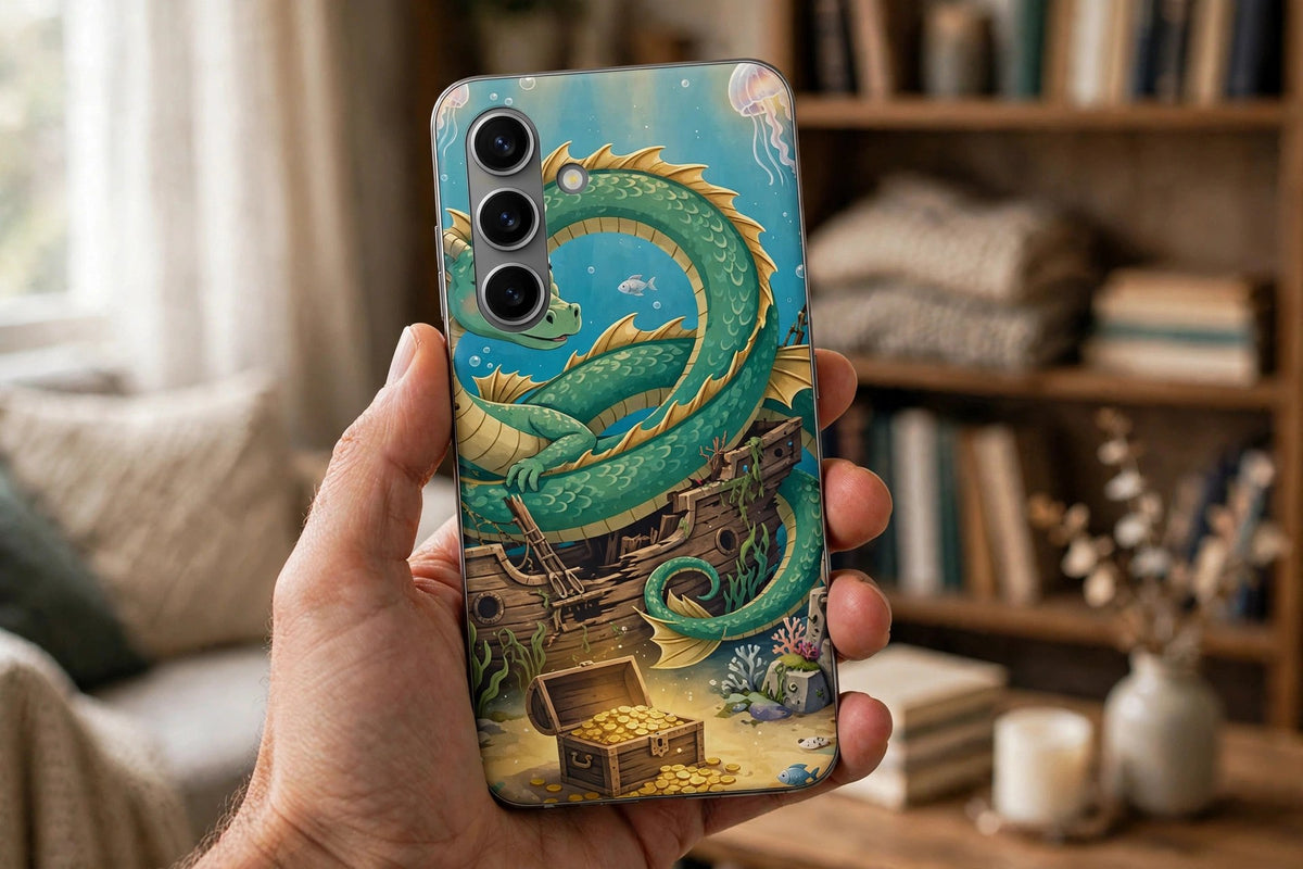 Dragon Guardian premium tough phone case on a phone held in a hand in a reading room, showing the green sea dragon and treasure chest design on the case back