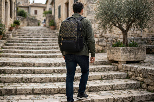 Dragon Scale backpack with flat gold scale print worn by a man climbing stone steps in a historic town
