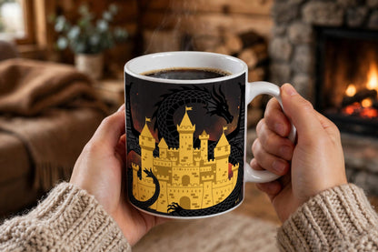Dragonfire Mug — modeled photo, held in hand