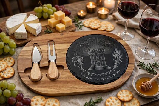 Celebration Edition charcuterie board on a styled table — acacia wood board with dark charcoal slate insert engraved with the Blockhouse tower, grapes and wheat design, cheese and red wine