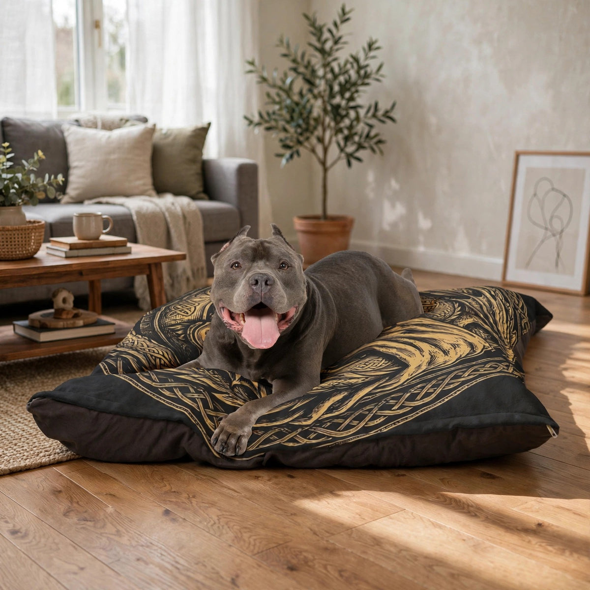 A dog lying on the Fafnir Asleep pet bed in a living room, showing the gold coiled dragon print.
