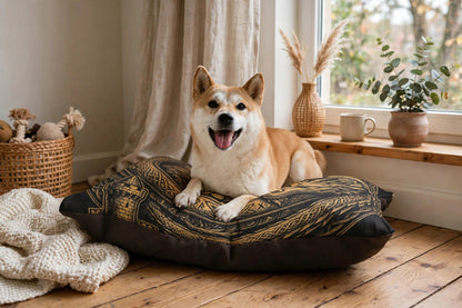 A small dog resting on the Fafnir Asleep pet bed by a window, showing the gold coiled dragon print.